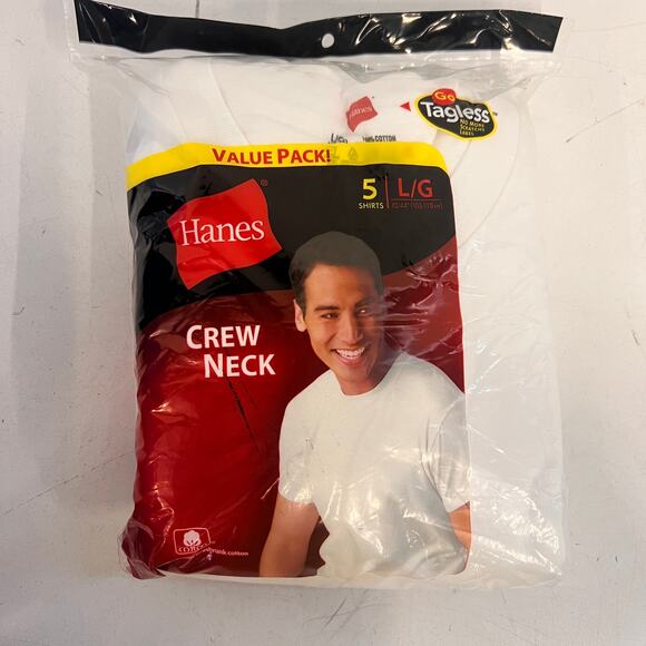 Hanes Crewneck Men's Tagless White Short sleeve T-Shirt Sz L pack of 5- NWT - Picture 1 of 2